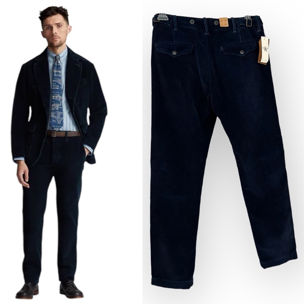 NWT Ralph Lauren Double RL Indigo Corduroy Pants Dark Blue Winter Slacks 31x 32
